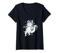 Womens Husky Dog with Sword V-Neck T-Shirt