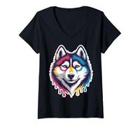 Women's Husky Face Vibrant Dog V-Neck T-Shirt