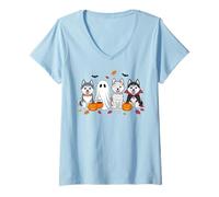 Womens Husky Ghost Dogs Cute Husky Dressed As Ghost Halloween Dog V-Neck T-Shirt