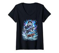 Women's Husky Lightning Fantasy Dog Art Design V-Neck T-Shirt