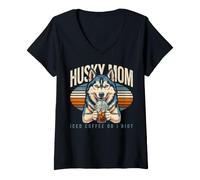 Women's Husky Mom Iced Coffee Or I Riot Dog Lover V-Neck T-Shirt