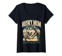 Women's Husky Mom Iced Coffee Or I Riot Dog Lover V-Neck T-Shirt