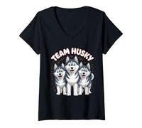 Womens Husky Team Cute Cartoon for Pet Owners Mom Dad Siberian Dog V-Neck T-Shirt