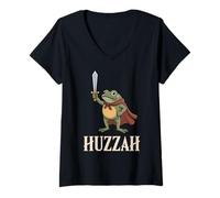 Womens Huzzah Frog Knight Fantasy Medieval Ren Faire Sword Jousting V-Neck T-Shirt