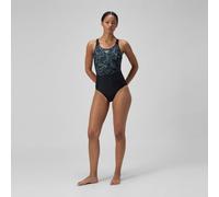 Speedo Women's Hyperboom Placement Muscleback Swimsuit | Quick Drying | Training | Fitness | Chlorine Resistant, Black/Alfalfa Green, 30