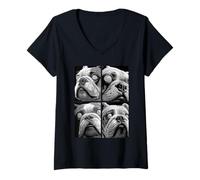 Womens Hypnotic British Bulldog Weird Eyes Weirdcore Halloween Dogs V-Neck T-Shirt