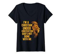 Womens I Am A Christian Under Construction God's Not Done Lion V-Neck T-Shirt