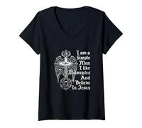 Womens I Am A Simple Man I Like Motorcycles and Believe in Jesus V-Neck T-Shirt