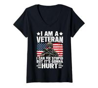 Women's I Am A Veteran I Can Fix Stupid But It's Gonna Hurt V-Neck T-Shirt