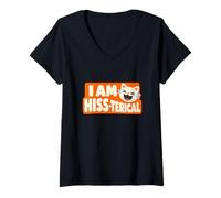 Women's I Am Hiss-terical Funny Cat Pun Laughing Kitty V-Neck T-Shirt