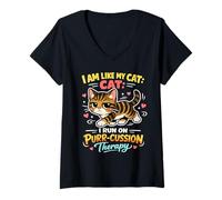 Women's I AM Like My CAT I Run ON Purr CUSSION Therapy V-Neck T-Shirt