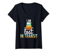 Womens I Am Lost In Transit Luggage Pun Vacation Lovers V-Neck T-Shirt