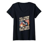 Women's I Am On Fire Let Me Finish This Weld Humor Design V-Neck T-Shirt