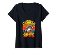 Women's I Am Running On Spite Raccoon Sarcastic Retro Sunset V-Neck T-Shirt