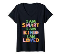 Women's I Am Smart Kind Loved Positive Mindset Kindness Positivity V-Neck T-Shirt