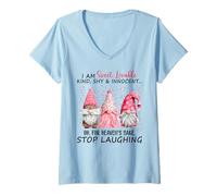 Womens I Am Sweet Lovable Kind Shy and Innocent Pink Gnomes Funny V-Neck T-Shirt