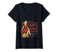 Womens I am the Queen of Fucking Everything Retro Vintage Pinup V-Neck T-Shirt