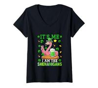 Women's I Am The Shenanigans Patrick's Day Flamingo Drinking Beer V-Neck T-Shirt