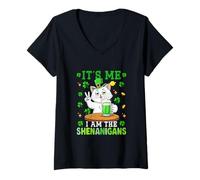 Women's I Am The Shenanigans St. Patrick's Day Cat Drinking Beer V-Neck T-Shirt