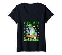 Women's I Am The Shenanigans St. Patrick's Day Narwhal Drinking Beer V-Neck T-Shirt