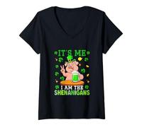 Women's I Am The Shenanigans St. Patrick's Day Pig Drinking Beer V-Neck T-Shirt