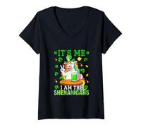 Women's I Am The Shenanigans St. Patrick's Day Unicorn Drinking Beer V-Neck T-Shirt