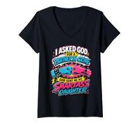 Women's I Asked GOD for A Partner in Crime Mom Dad Smartass Daughter V-Neck T-Shirt