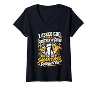 Women's I Asked GOD for A Partner in Crime Mom Dad Smartass Daughter V-Neck T-Shirt