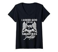 Womens I Asked God for an Angel He Sent Me My Smartass Daughter V-Neck T-Shirt