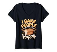 Women's I Bake People Happy Baker Baking Sourdough Bakery V-Neck T-Shirt
