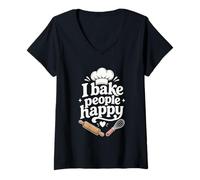 Women's I Bake People Happy Funny Baker Baking Chef V-Neck T-Shirt