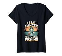 Womens I Beat Cancer Now I'm Going Fishing V-Neck T-Shirt
