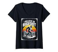 Women's I Believe in Bigfoot Retro Sasquatch Forest V-Neck T-Shirt