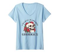 Womens I Believe in Holding Grudges Skull and Roses V-Neck T-Shirt