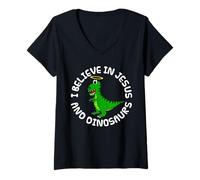 Womens I Believe In Jesus and Dinosaurs, T-Rex Church Funny V-Neck T-Shirt