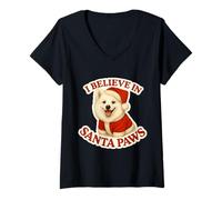 Womens I Believe in Santa Paws American Eskimo Dog Merry Christmas V-Neck T-Shirt