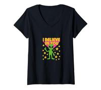 Womens I Believe in You Alien UFO Retro Style Sci Fi Believer Art V-Neck T-Shirt