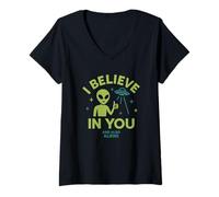 Womens I Believe in You, and Also Aliens, Funny UFO V-Neck T-Shirt