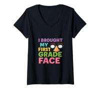 Womens I Brought My First Grade Face First Day Back to School V-Neck T-Shirt