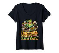 Women's I Bury Things Maybe Plants Maybe People Frog Groovy V-Neck T-Shirt