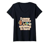 Womens I Camp Because Adulting is Hard Camping Lover Cute Bear V-Neck T-Shirt