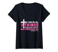 Womens I Can Do All Things Through Christ Breast Cancer Awareness V-Neck T-Shirt