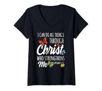 Women's I Can Do All Things Through Christ Buttefly Art Religious V-Neck T-Shirt