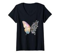 Womens I Can Do All Things Through Christ Butterfly Art Christian V-Neck T-Shirt