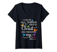 Womens I Can Do All Things Through Christ Butterfly Art - Religious V-Neck T-Shirt