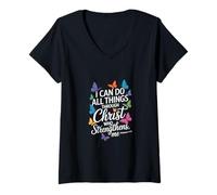 Womens I Can Do All Things Through Christ Butterfly Faith V-Neck T-Shirt