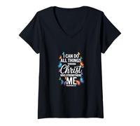 Womens I Can Do All Things Through Christ Butterfly Faith V-Neck T-Shirt