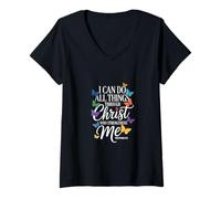 Womens I Can Do All Things Through Christ Butterfly Faith V-Neck T-Shirt