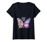 Womens I can do All Things Through Christ - Christian Butterfly V-Neck T-Shirt