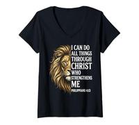 Women's I Can Do All Things Through Christ Christian Lion V-Neck T-Shirt